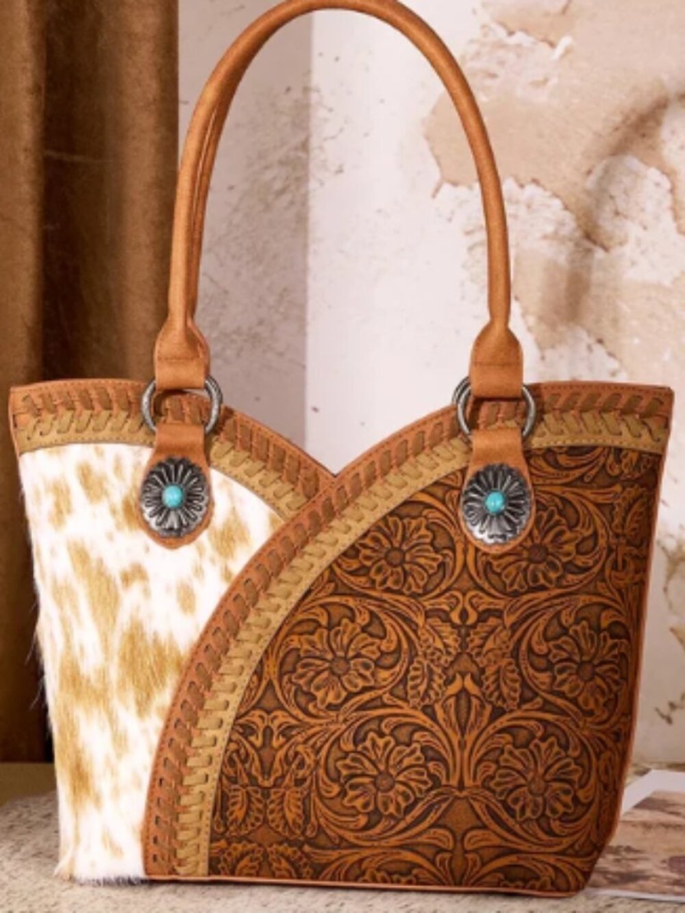 Montana West Cowhide Floral Tooled Whipstitch Tote Bag, NWT